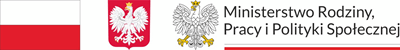 Loga z lewej biało-czerwony prostokąt (barwy narodowe), godło polski biały orzeł w koronie na czerwonym tle, na końcu logo Ministerstwa Rodziny, Pracy i Polityki Społecznej